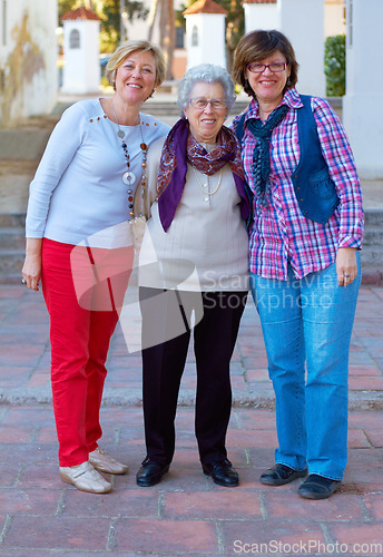 Image of Senior woman, portrait and friends outdoor with a smile, happiness and care for family. Elderly lady and people together for love, retirement and quality time with a hug for bonding, fun and wellness