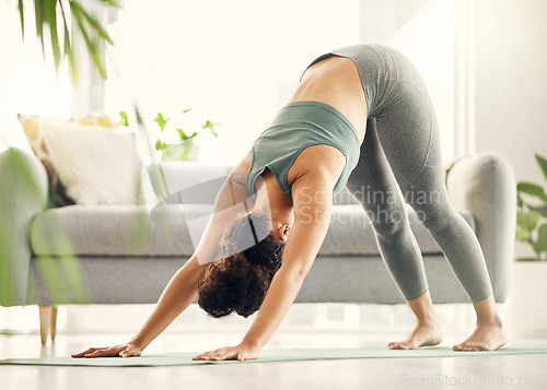 Image of Yoga, woman and zen at home with downward dog pose and meditation feeling calm on gym mat. Wellness, relax and young female person in living room for health and back tension relief in a house