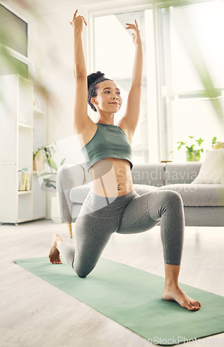 Image of Yoga, lunge and woman at home with zen, relax and leg stretching for health in a living room. Young female person, apartment and lounge with pilates and flexibility exercise in house feeling calm