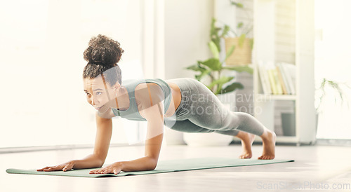 Image of Fitness, plank and woman on a living room floor for home workout, strength and resilience training. Pilates, planking and female in strong core pose for body, challenge and performance in a lounge