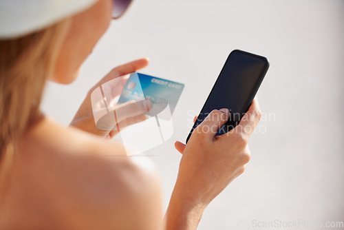 Image of Credit card, phone screen and mockup with woman on beach for online shopping, payment and fintech. Relax, summer and vacation with hands of female customer for ecommerce, travel deal and finance