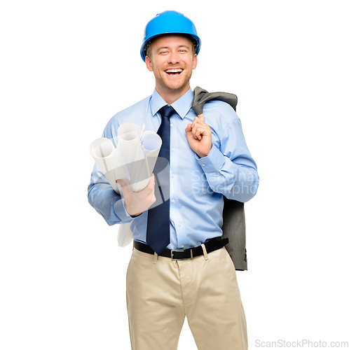 Image of Architecture, blueprint and funny with portrait of man in studio for engineering, designer and building, Graphics, floor plan and construction with male contractor on white background for inspection