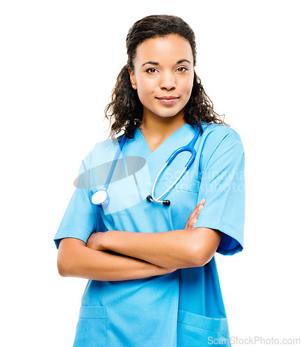 Image of Nurse portrait, woman and arms crossed with a smile from healthcare and wellness career in studio. Young female employee, nursing worker and white background and feeling proud and confident from job