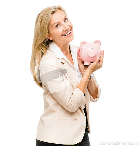 Image of Happy woman, portrait and piggy bank for money investment, savings or loan isolated on a white studio background. Excited female person and piggybank for coins, budget finance or cash on mockup space