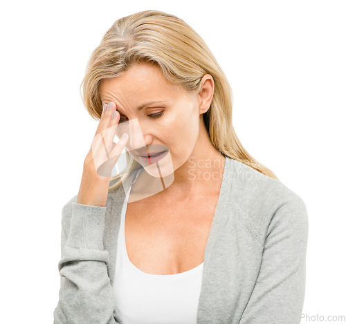 Image of Headache, stress and mature woman in studio with anxiety, worry and mental health crisis isolated on white background. Depression, fear and scared person with mistake, migraine or disaster and fail