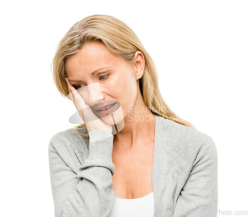 Image of Stress, thinking and mature woman in studio with anxiety, worry and mental health crisis against white background. Depression, fear and scared female confused with mistake, headache or disaster fail