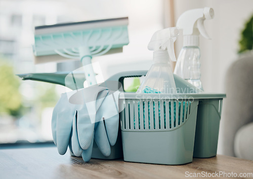 Image of Cleaning supplies, chemical spray with cloth and gloves, household maintenance product and service. Closeup of cleaner tools in basket, janitor equipment and disinfectant with sanitizer detergent