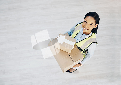 Image of Boxes, delivery and portrait of courier woman for logistics, cargo or shipping industry. Above happy female worker with cardboard box or package from supply chain for distribution service mockup