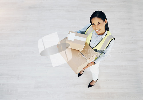 Image of Courier, boxes and portrait of delivery woman from above for logistics, cargo or shipping industry. Happy female worker with cardboard box or package from supply chain for distribution service mockup