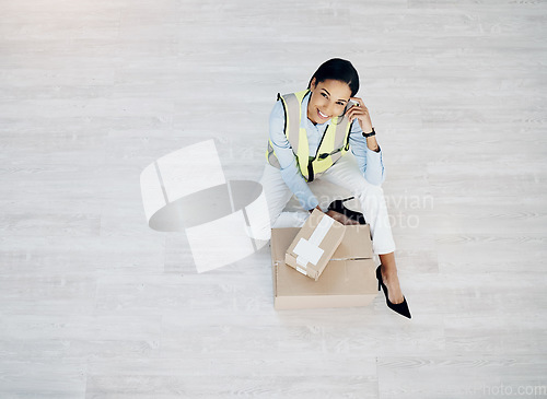 Image of Delivery, courier and portrait of a woman with boxes for logistics, cargo or shipping industry. Above happy female worker and cardboard box or package for supply chain or distribution service mockup