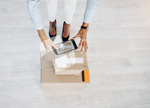 Image of Delivery, phone and package with hands of woman and box for shipping, ecommerce product and small business. Supply chain, picture and distribution with closeup of employee and mobile photo for cargo