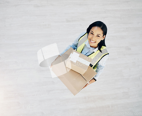 Image of Delivery, boxes and portrait of courier woman from above for logistics, cargo or shipping industry. Happy female worker with cardboard box or package from supply chain for distribution service mockup