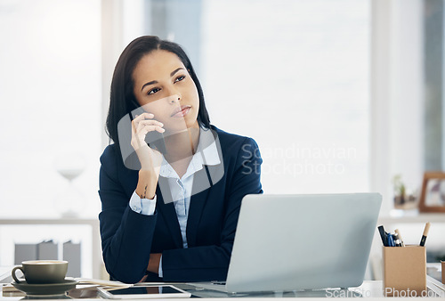 Image of Phone call, thinking and business woman for office communication, decision or listening in HR management. Ideas, virtual feedback and human resources worker or person on mobile for job opportunity