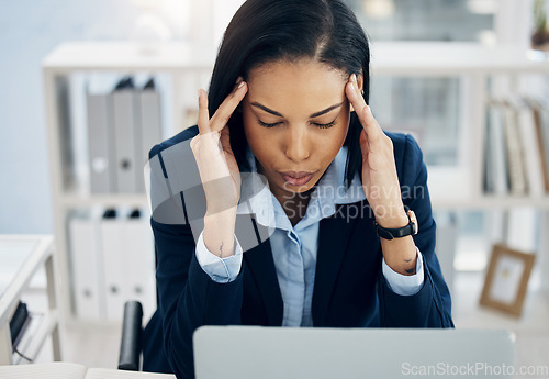 Image of Headache, stress and business woman in office for HR report, online mistake or payroll problem on computer. Tired, frustrated of Human Resources employee or person, mental health risk or budget fail