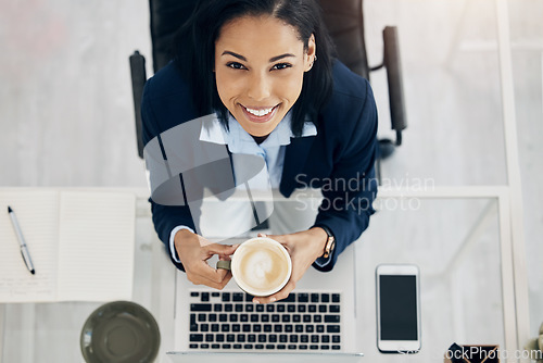 Image of Laptop, coffee and portrait of business woman above for inspiration, ideas and happy planning in HR career or job. Drink, latte and corporate person in Human Resources working on computer at her desk