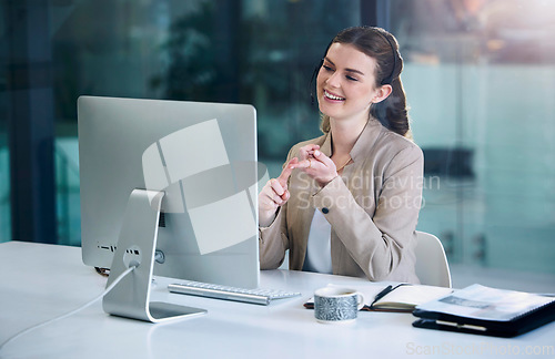 Image of Call center, computer or happy woman in telecom, CRM or telemarketing office for customer services. Pc monitor, smile or friendly female sales agent in IT or tech support help desk for consulting