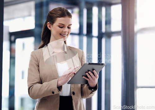 Image of Research, happy or businesswoman with tablet networking or searching for email or post in office. Digital agency, tech startup or social media manager typing online or planning schedule with smile