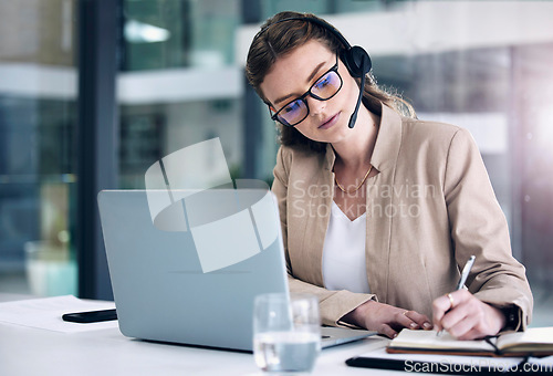 Image of Call center, writing and business woman, laptop and planning for telemarketing sales, crm and communication. Notes, schedule and professional telecom person in virtual consulting job on her computer