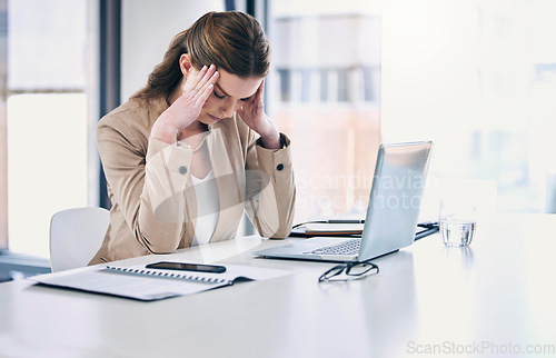 Image of Headache, stress and woman in business, working at computer, desk with pain or corporate office of lawyer. Exhausted, burnout and anxiety in legal, law firm or employee frustrated with mistake