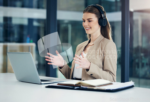 Image of Video call, laptop or happy businesswoman in online meeting or virtual conference for consulting in office. Headphones, explain or girl consultant in webinar communication, talking or conversation