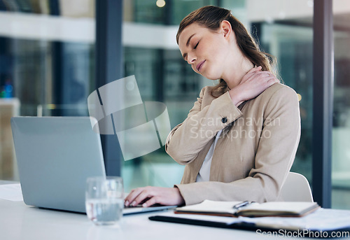 Image of Neck pain, laptop and business woman stress, online mistake or Human Resources error, problem and payroll crisis. Fatigue, sad or spine problem of HR person on her computer for planning or schedule