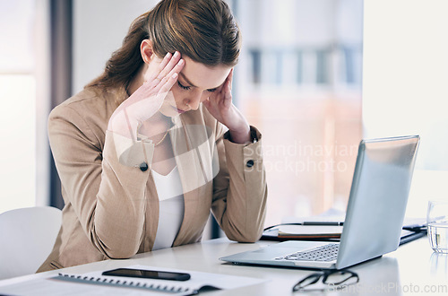 Image of Woman, headache and stress in business, working at computer, desk with pain or corporate office of lawyer. Exhausted, burnout and anxiety in legal, law firm or employee frustrated with mistake