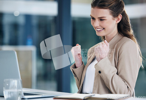 Image of Winner, laptop and business woman success, yes and celebration for online news, email and job opportunity. Bonus, sale and excited professional person celebrate goals or target on computer in office