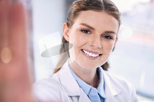 Image of Happy woman, doctor and portrait in selfie for picture, memory or photo of doctor at hospital. Female person, medical or healthcare professional smile with teeth for vlog, dental care and wellness