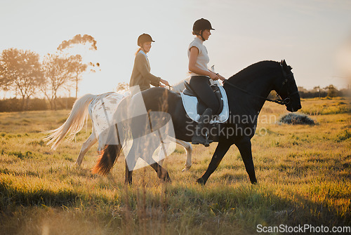 Image of Horse riding, countryside and hobby with friends in nature on horseback through a field during a summer morning. Freedom, equestrian and female riders outdoor together for travel, fun or adventure