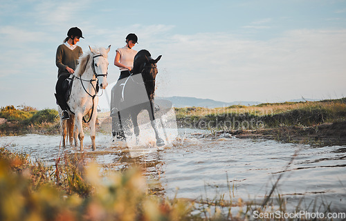 Image of Horse riding, friends and girls at lake in countryside with outdoor mockup space. Equestrian, happy women and animals in water, nature and adventure to travel, journey and summer vacation together.