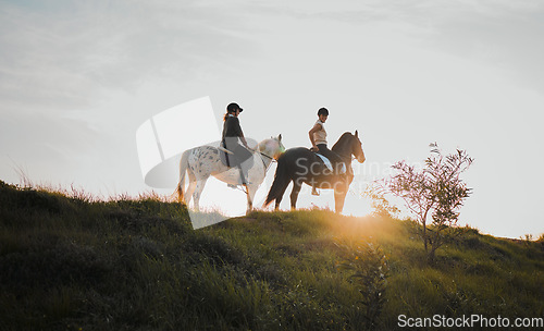Image of Horse riding, sunset or hobby with friends the countryside on horseback looking at the view during a summer morning. Nature, equestrian and female riders outdoor together for travel fun or adventure