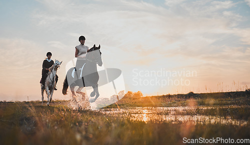 Image of Horse riding, friends and girls in countryside at sunset with outdoor mockup space. Equestrian, happy women and animals in water, nature and adventure to travel, journey and summer vacation together.