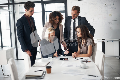 Image of Business people, meeting with tablet, coaching and planning ideas in collaboration on project proposal. Teamwork, strategy and training workshop, men and women with target management in modern office