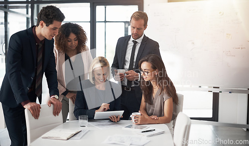 Image of Happy business people, meeting with collaboration and tablet, planning ideas on project proposal or feedback. Teamwork, strategy and b2b workshop, men and women for target management in modern office