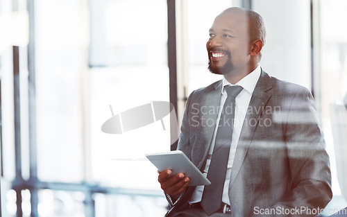 Image of Tablet, accountant and thinking black man in office for business app, research email or online browsing. Happy, technology and corporate African auditor with idea, planning and vision for company.