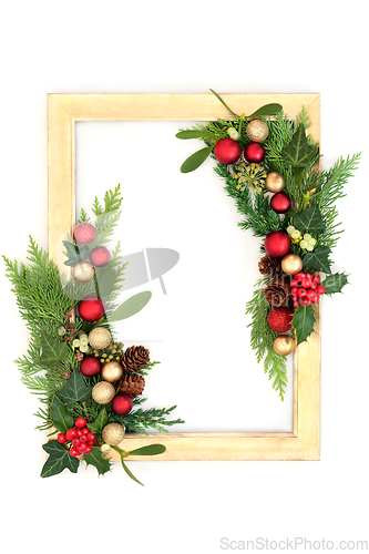 Image of Christmas Festive Bauble and Flora Background Frame