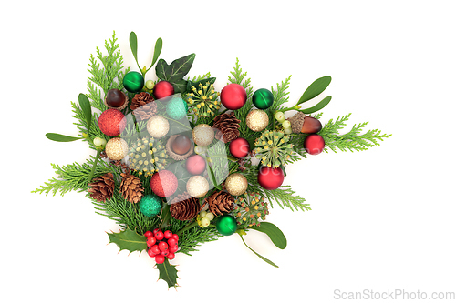 Image of Christmas Winter Flora with Red Gold and Green Ball Decorations