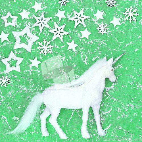 Image of Christmas Magical Unicorn Decoration with Snowflakes and Stars