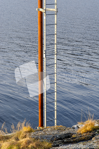 Image of ladder that stands vertically up from the rock by the sea with t