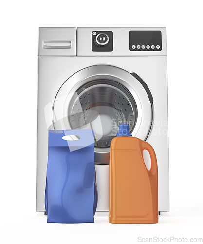 Image of Liquid detergent bottle and washing powder bag in front of washi