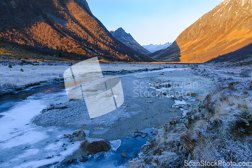 Image of frozen landscape in the foreground with ice in a river flowing t