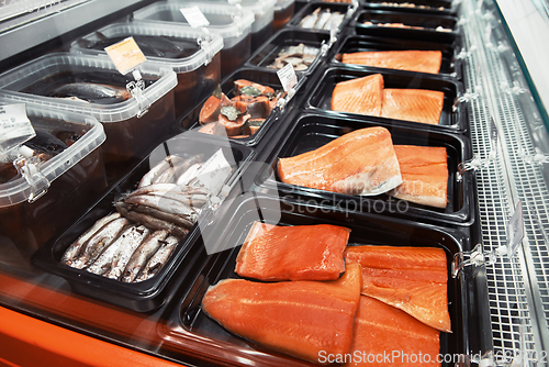 Image of Fish and seafood stall in a market