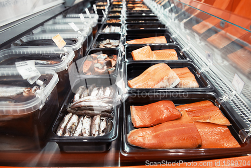 Image of Fish and seafood stall in a market