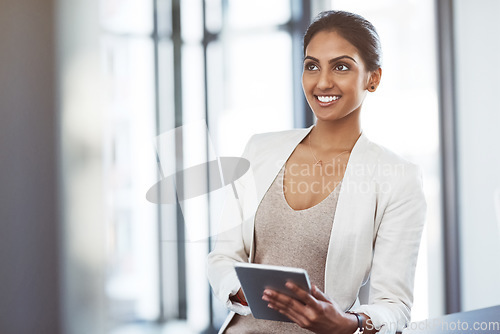 Image of Tablet, accountant and thinking woman in office for business, research app and internet email online. Smile, digital technology and corporate Indian auditor with idea, planning or vision for company.