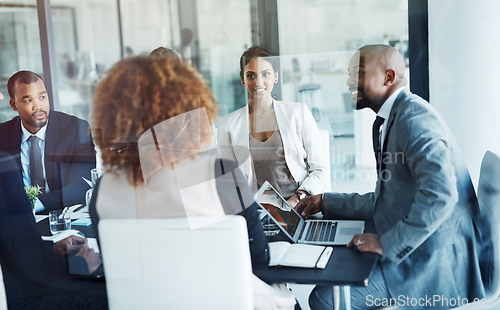 Image of Business people, meeting and office for corporate group with smile, negotiation or agreement for budget proposal. Men, women and diversity with teamwork, financial strategy and planning in discussion