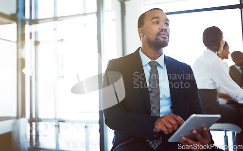 Image of Tablet, accountant and thinking black man in office for business, research email or online app. Serious, technology and corporate African auditor with idea, planning or solution for problem solving.