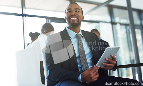 Image of Accountant, tablet and thinking black man in office for business, research email or online app. Happy, technology and corporate African auditor with idea, planning or solution for problem solving.