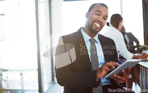 Image of Accountant, portrait and black man with tablet in office for business, research or online browsing. Face, technology and smile of corporate African auditor, happy person or professional in company.