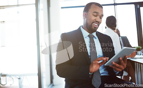Image of Tablet, accountant and black man in office for business, research or online browsing. Happy, digital technology or corporate African auditor, person or professional reading email, internet app or web