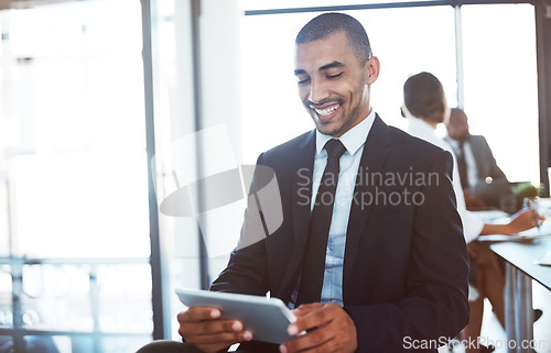 Image of Accountant, tablet and happy man in office for business email, online research app or working on project. Smile, technology and corporate auditor reading information, internet or typing to scroll.